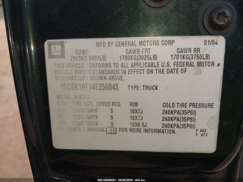2004 Chevrolet Silverado 1500 Z71 VIN: 1GCEK19T84E256043 Lot: 42600451