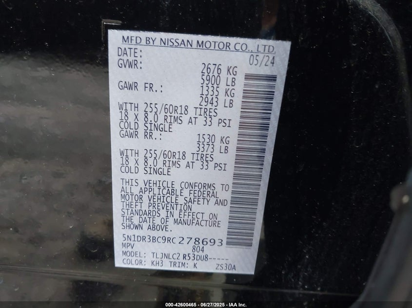 2024 Nissan Pathfinder Sv 4Wd VIN: 5N1DR3BC9RC278693 Lot: 42600465