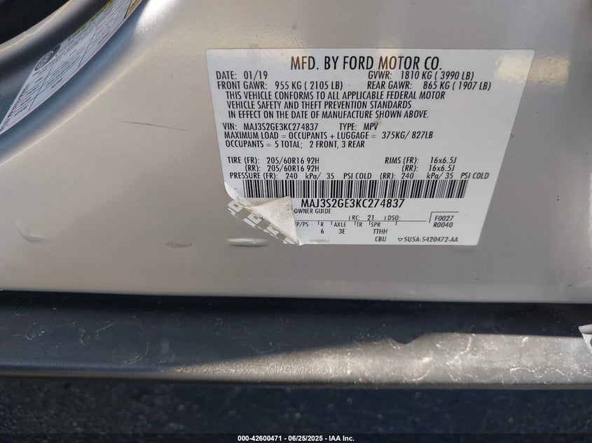2019 FORD ECOSPORT VIN: MAJ3S2GE3KC274837