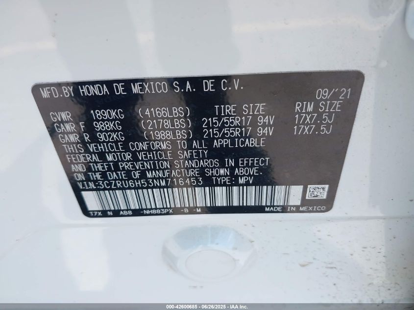 2022 Honda Hr-V Awd Ex VIN: 3CZRU6H53NM716453 Lot: 42600685