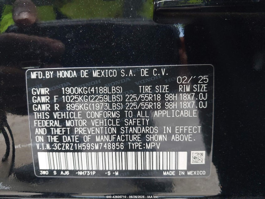VIN 3CZRZ1H59SM748856 2025 HONDA HR-V 2WD SPORT