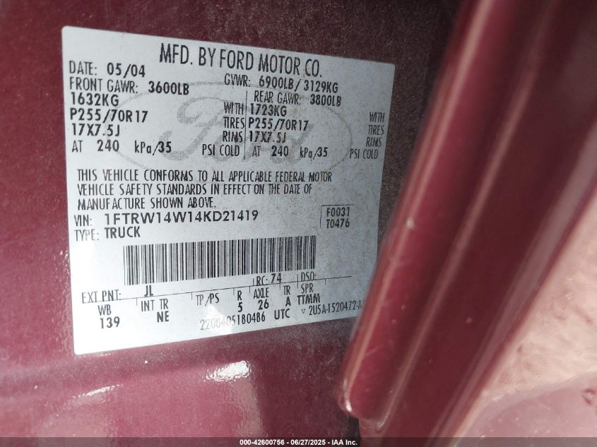 2004 Ford F-150 Xlt VIN: 1FTRW14W14KD21419 Lot: 42600756