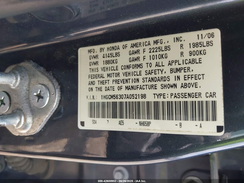 2007 Honda Accord 2.4 Se VIN: 1HGCM56307A052198 Lot: 42600952