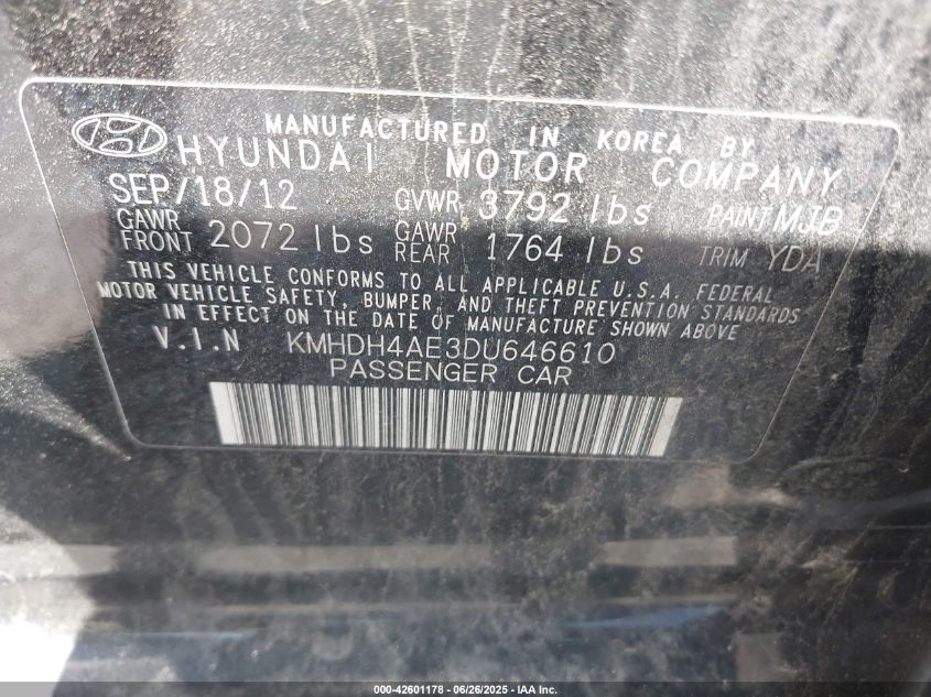 2013 Hyundai Elantra Gls VIN: KMHDH4AE3DU646610 Lot: 42601178