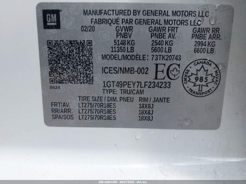 2020 GMC Sierra 2500Hd 4Wd Standard Bed At4 VIN: 1GT49PEY7LF234233 Lot: 42601405
