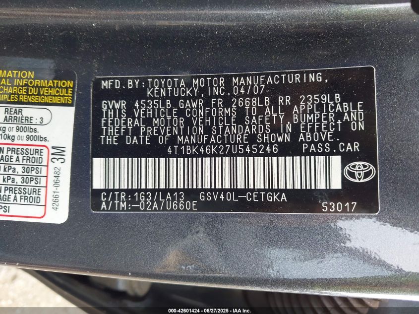 2007 Toyota Camry Xle V6 VIN: 4T1BK46K27U545246 Lot: 42601424