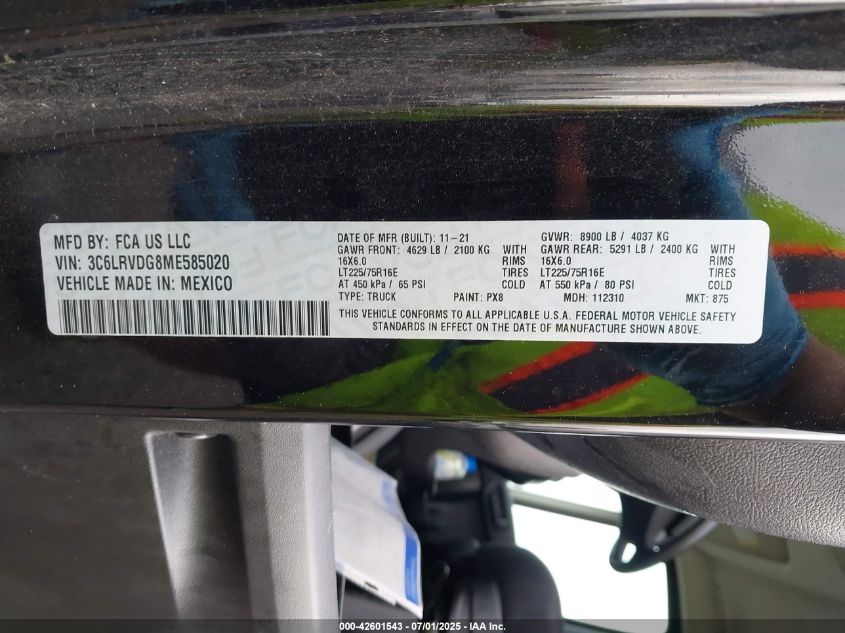 2021 Ram Promaster 2500 High Roof 159 Wb VIN: 3C6LRVDG8ME585020 Lot: 42601543