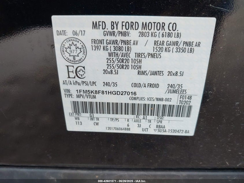 2017 FORD EXPLORER VIN: 1FM5K8F81HGD27016