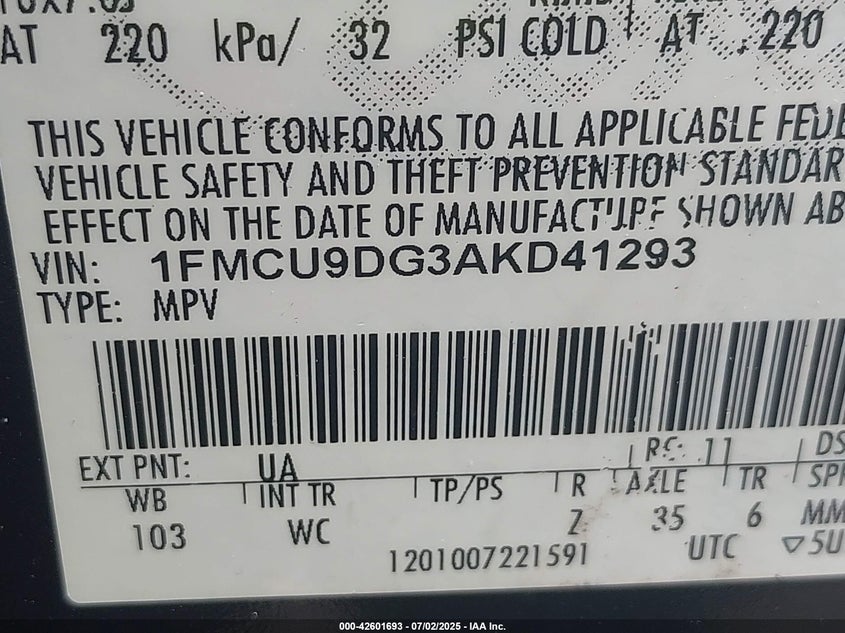 2010 FORD ESCAPE VIN: 1FMCU9DG3AKD41293