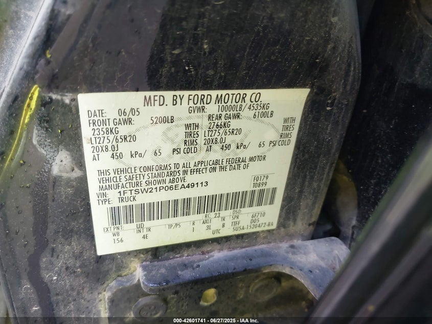2006 FORD F-250 VIN: 1FTSW21P06EA49113
