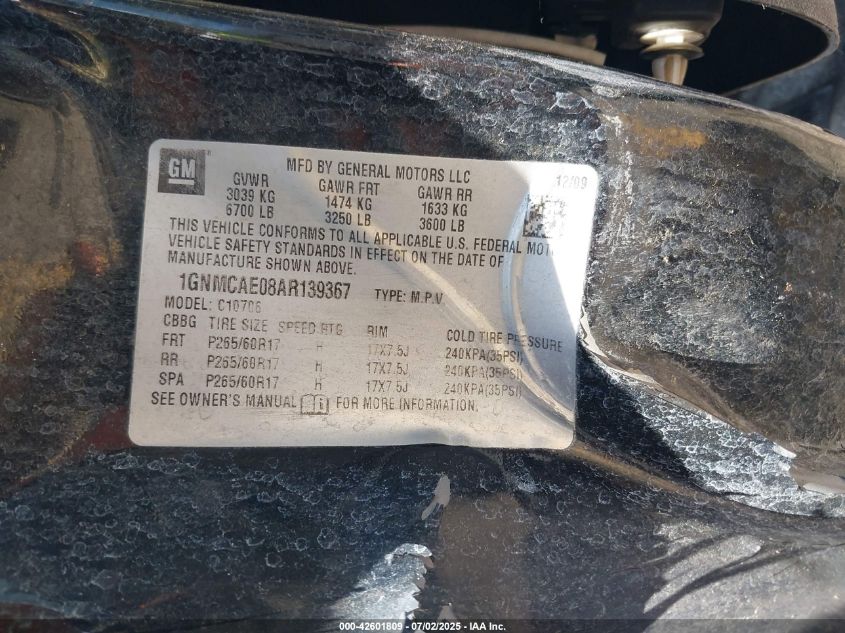 2010 Chevrolet Tahoe Ls VIN: 1GNMCAE08AR139367 Lot: 42601809