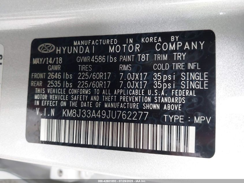 2018 Hyundai Tucson Sel Plus VIN: KM8J33A49JU762277 Lot: 42601893