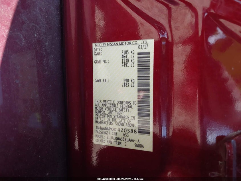 2017 NISSAN MAXIMA 3.5 S - 1N4AA6APXHC420588