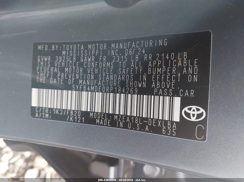 2024 Toyota Corolla Le VIN: 5YFB4MDE0RP184269 Lot: 42602128