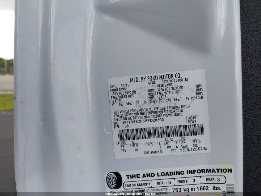 2011 Ford F-150 VIN: 1FTFW1CF88FD28393 Lot: 42602294