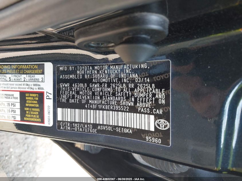 2014 Toyota Camry Xle VIN: 4T4BF1FK8ER395522 Lot: 42602367