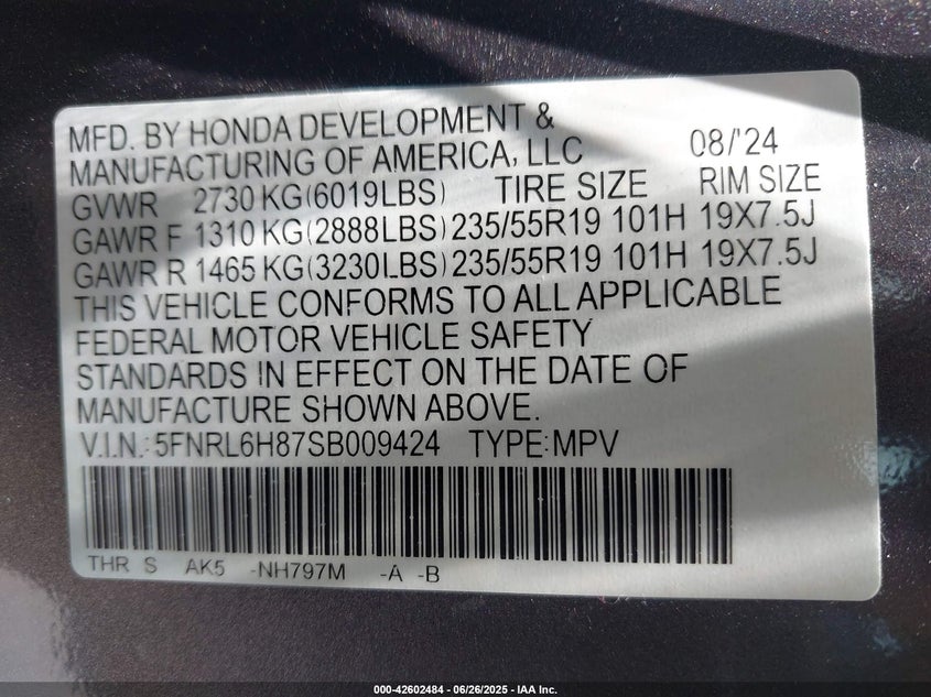 2025 HONDA ODYSSEY TOURING - 5FNRL6H87SB009424