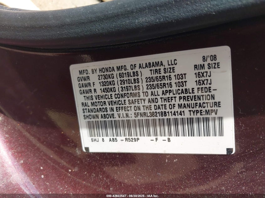 2008 Honda Odyssey Lx VIN: 5FNRL38218B114141 Lot: 42602547