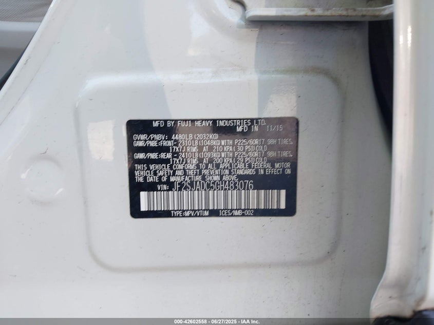 2016 SUBARU FORESTER VIN: JF2SJADC5GH483076