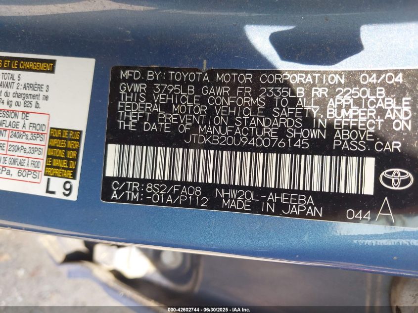 2004 Toyota Prius VIN: JTDKB20U940076145 Lot: 42602744