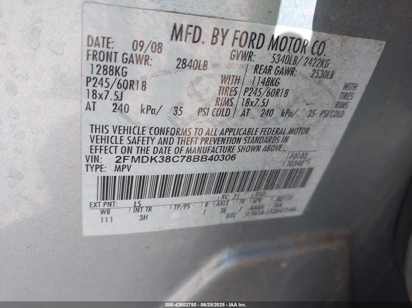 2008 FORD EDGE VIN: 2FMDK38C78BB40306