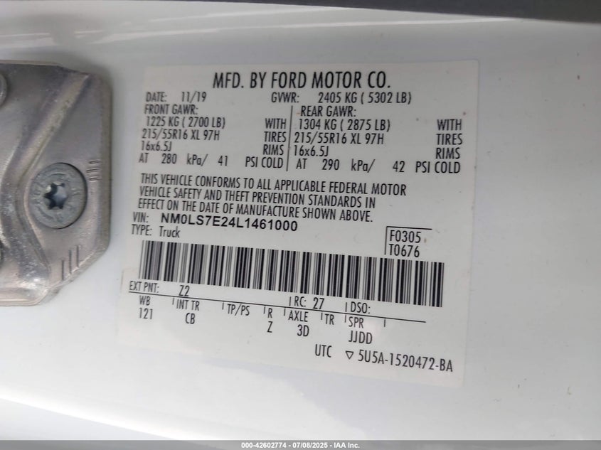 2020 Ford Transit Connect Xl Cargo Van VIN: NM0LS7E24L1461000 Lot: 42602774