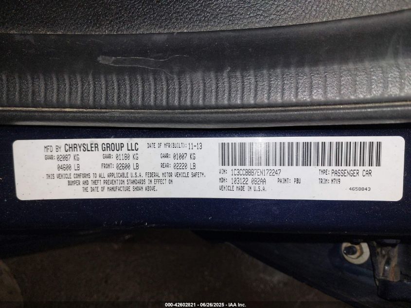 2014 Chrysler 200 Touring VIN: 1C3CCBBB7EN172247 Lot: 42602821