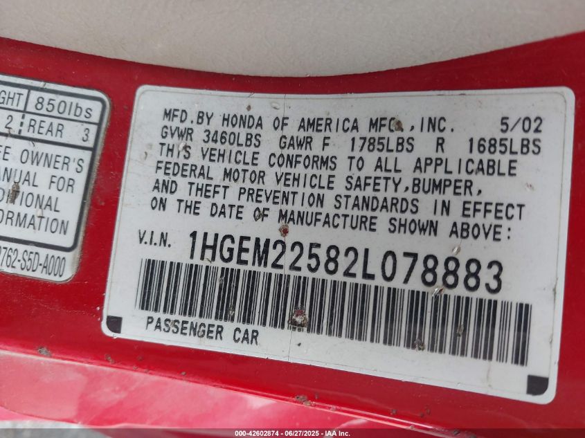 2002 Honda Civic Lx VIN: 1HGEM22582L078883 Lot: 42602874