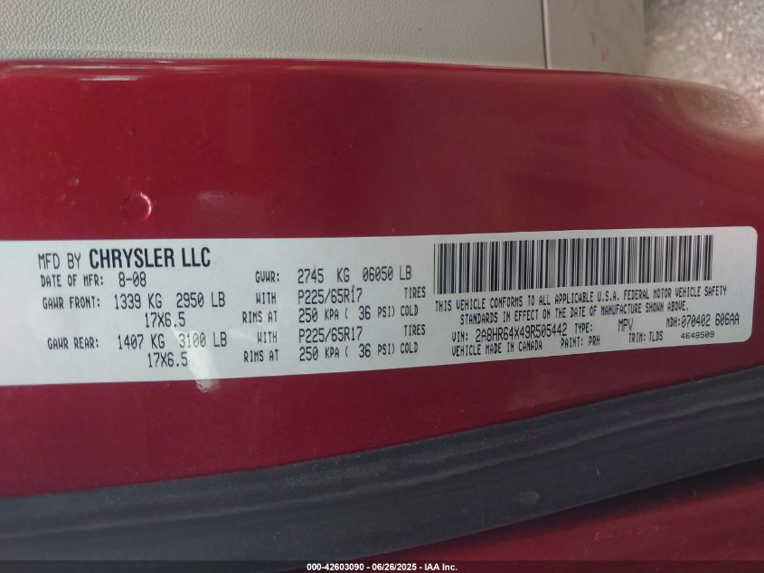 2009 Chrysler Town & Country Limited VIN: 2A8HR64X49R505442 Lot: 42603090