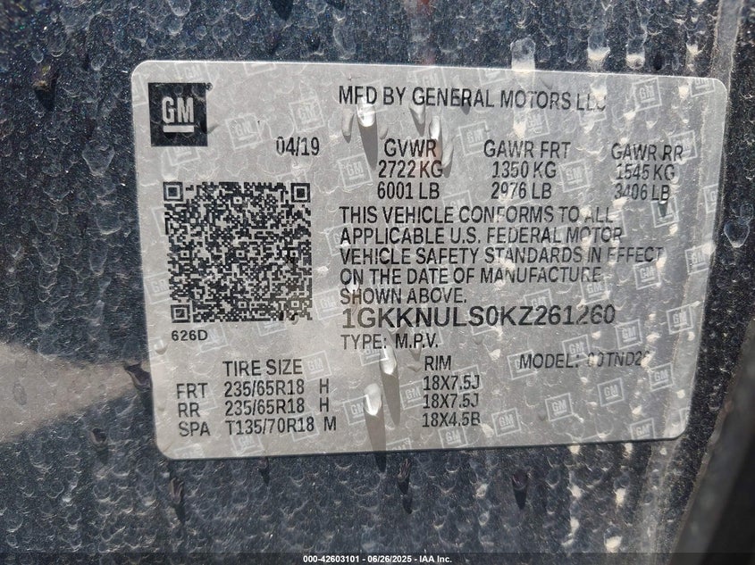 2019 GMC ACADIA SLT-1 - 1GKKNULS0KZ261260