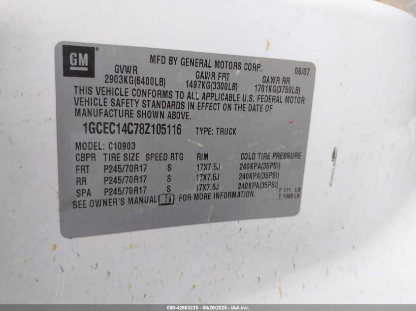 2008 Chevrolet Silverado 1500 Lt1 VIN: 1GCEC14C78Z105116 Lot: 42603235