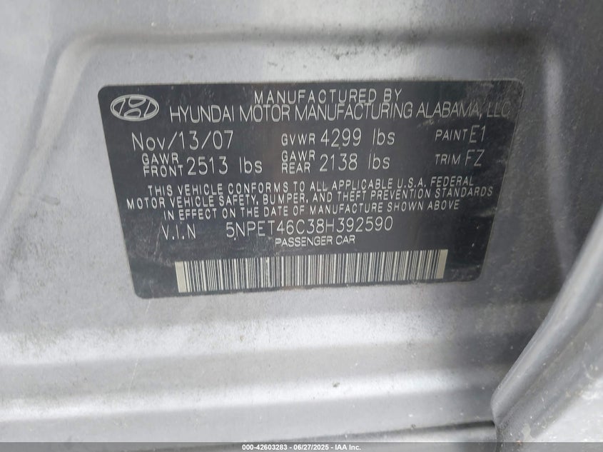 2008 HYUNDAI SONATA VIN: 5NPET46C38H392590
