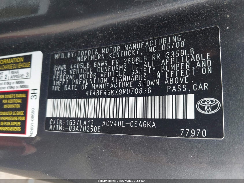 2009 TOYOTA CAMRY VIN: 4T4BE46KX9R078836