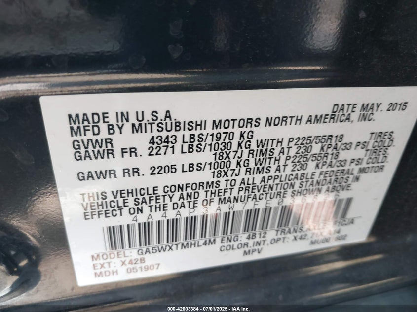 2015 MITSUBISHI OUTLANDER SPORT VIN: 4A4AP3AW7FE036826