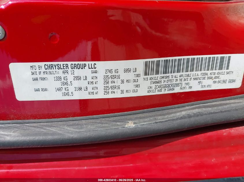 2012 Dodge Grand Caravan Se/Avp VIN: 2C4RDGBG8CR328873 Lot: 42603410