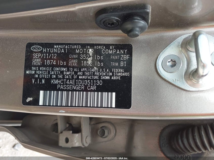 2013 HYUNDAI ACCENT VIN: KMHCT4AE1DU351130
