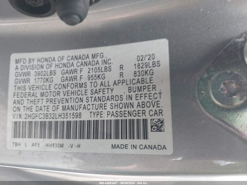2020 Honda Civic Ex VIN: 2HGFC3B32LH351598 Lot: 42603487