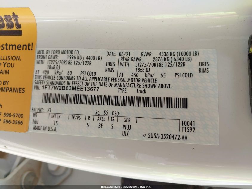 2021 Ford F-250 2021 Ford F-250 4X4 Crew Cab Pickup VIN: 1FT7W2B63MEE13677 Lot: 14191583