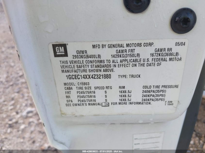 2004 Chevrolet Silverado 1500 Work Truck VIN: 1GCEC14XX4Z321880 Lot: 42603633