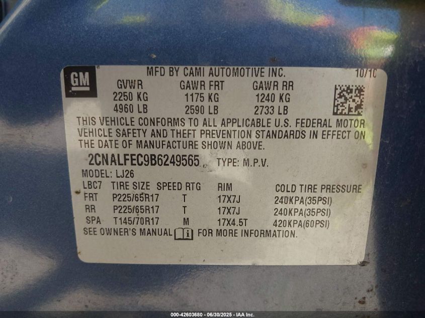 2011 Chevrolet Equinox Ltz VIN: 2CNALFEC9B6249565 Lot: 42603680