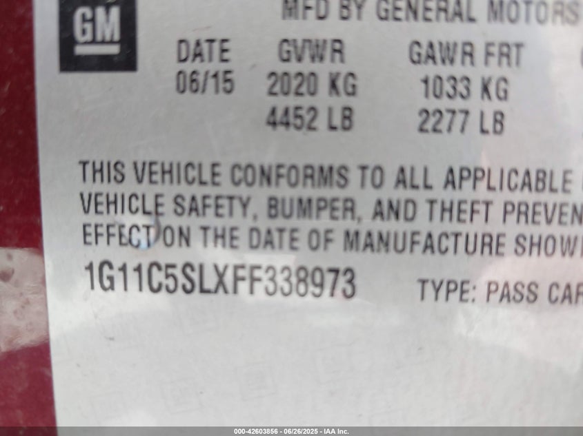 2015 CHEVROLET MALIBU VIN: 1G11C5SLXFF338973