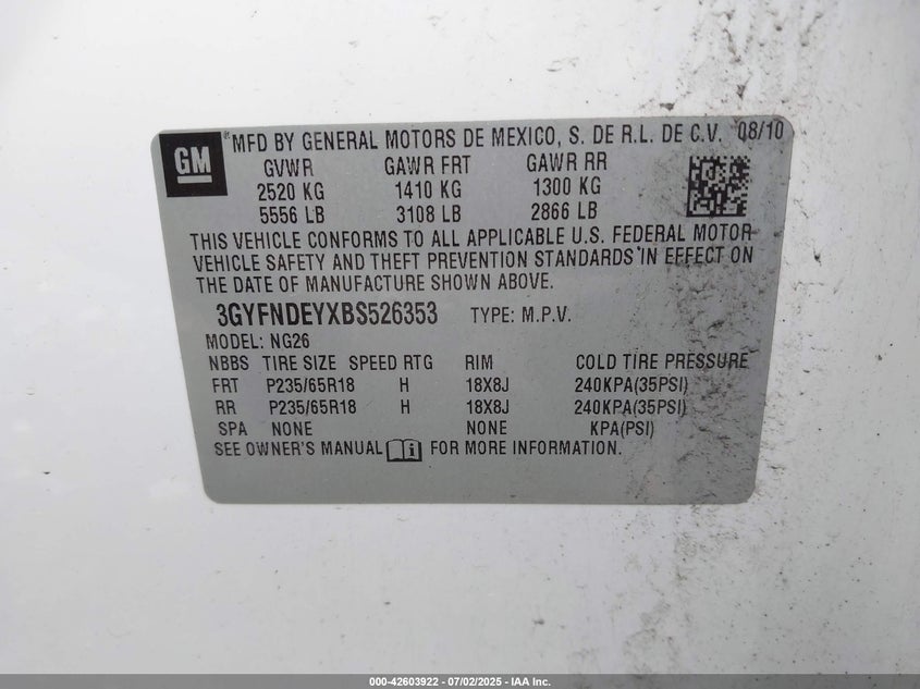 2011 CADILLAC SRX VIN: 3GYFNDEYXBS526353