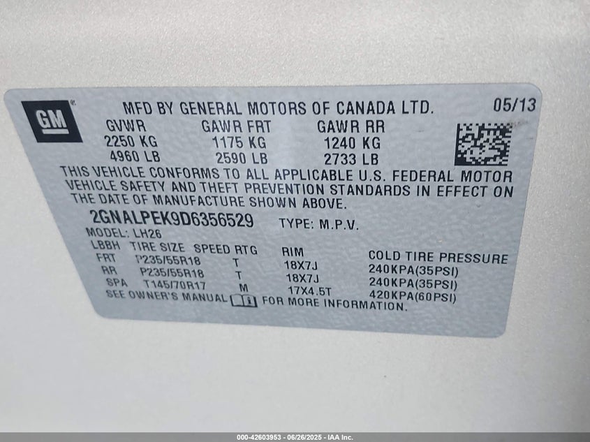 2013 CHEVROLET EQUINOX VIN: 2GNALPEK9D6356529