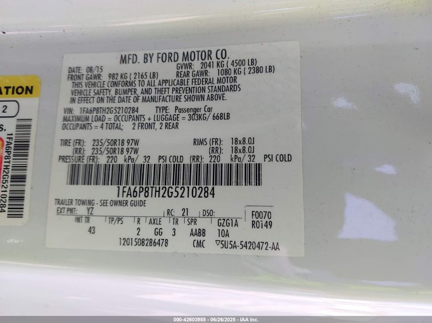 2016 Ford Mustang Ecoboost VIN: 1FA6P8TH2G5210284 Lot: 42603988