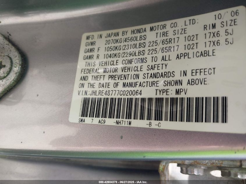 2007 Honda Cr-V Ex-L VIN: JHLRE48777C020064 Lot: 42604378