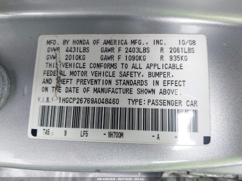 2009 Honda Accord 2.4 Ex VIN: 1HGCP26769A048460 Lot: 42604525