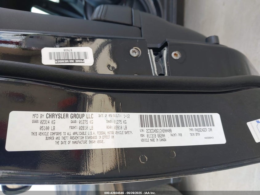 2012 DODGE CHARGER VIN: 2C3CDXBG1CH200488