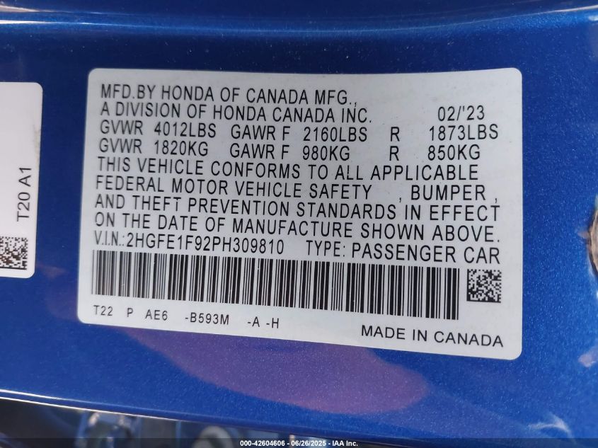 2023 Honda Civic Touring VIN: 2HGFE1F92PH309810 Lot: 42604606
