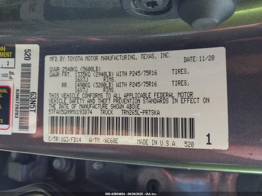 2021 Toyota Tacoma Sr VIN: 5TFAX5GN9MX193874 Lot: 42604654