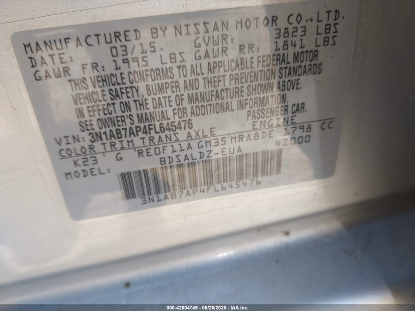 2015 Nissan Sentra Sv VIN: 3N1AB7AP4FL645476 Lot: 42604746